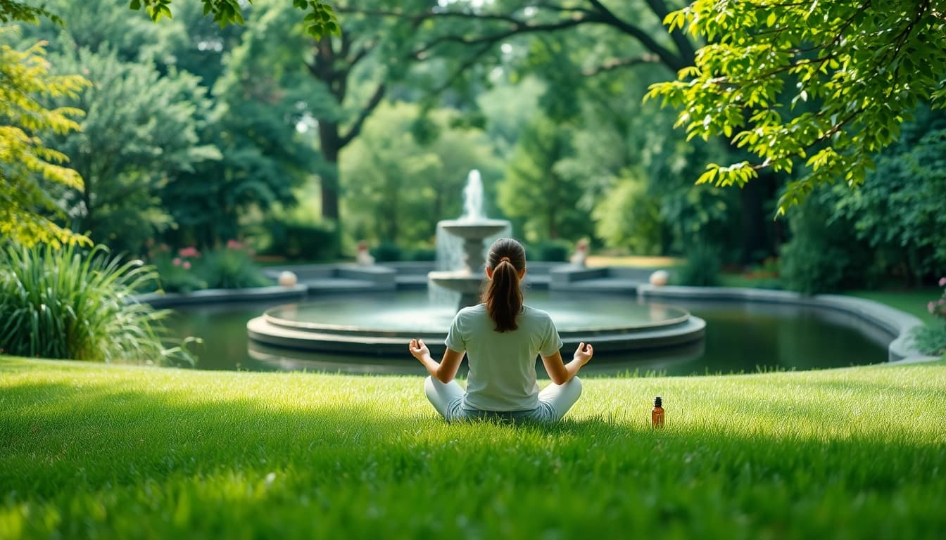 Meditation for mental wellness in a serene park setting with calming water features.