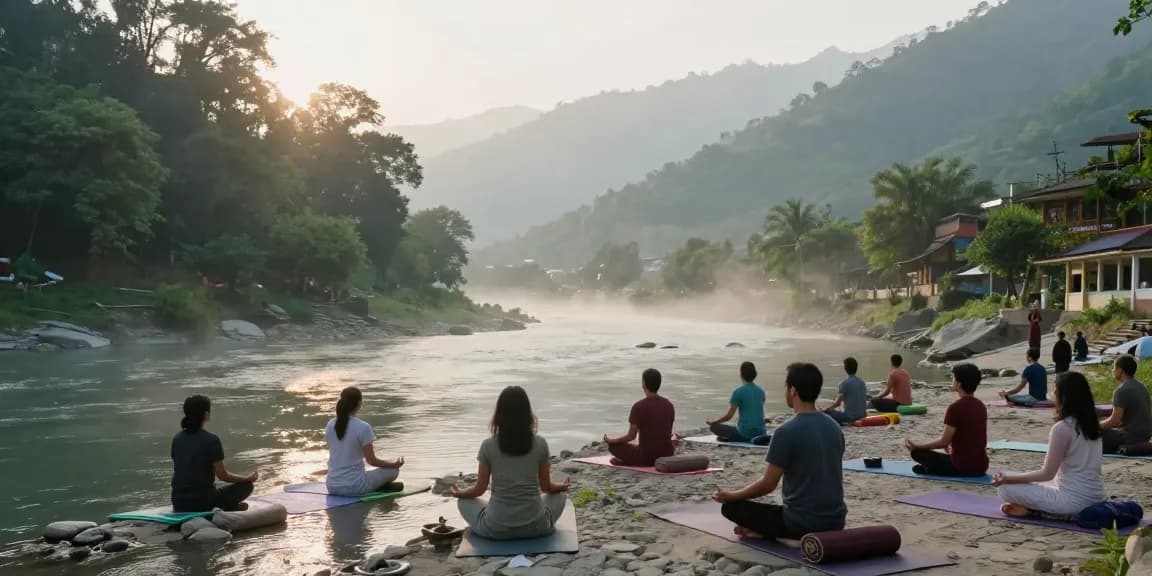 Morning meditation practitioners at Adhiroha Yoga Ashram in Rishikesh, surrounded by natural beauty.