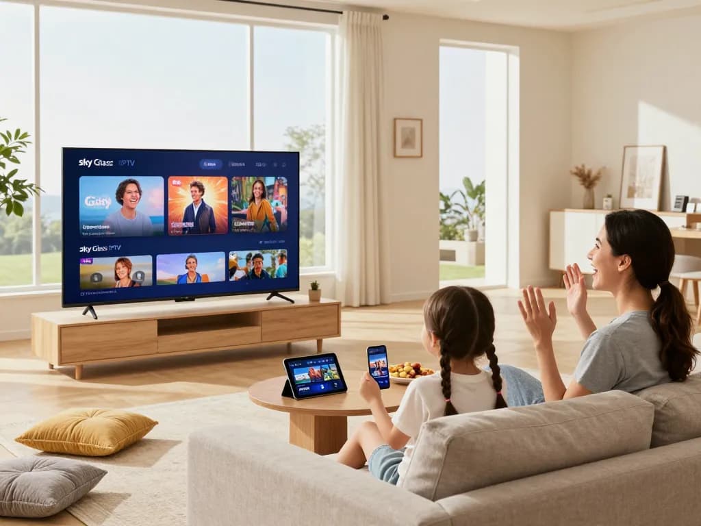 Sky Glass IPTV installation Guide on Smart TV with family enjoying streaming.