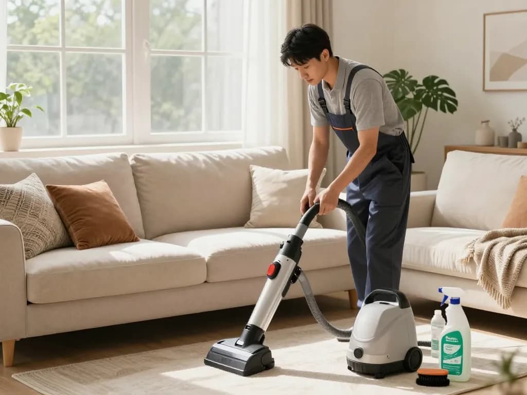 Local lifestyle websites featuring professional upholstery cleaning in a warm, inviting living room.