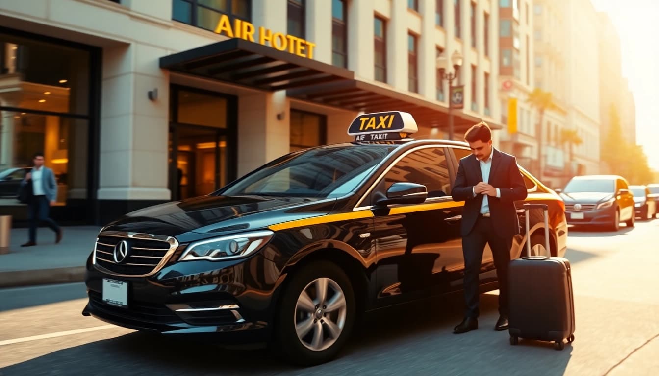 Taxi Nottingham to Heathrow airport waiting outside a hotel with a passenger, ensuring a convenient airport transfer.