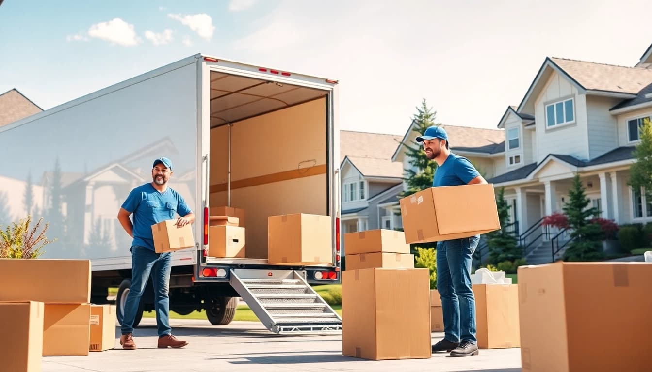 Movers from moving companies calgary diligently packing boxes in a sunny Calgary neighborhood.