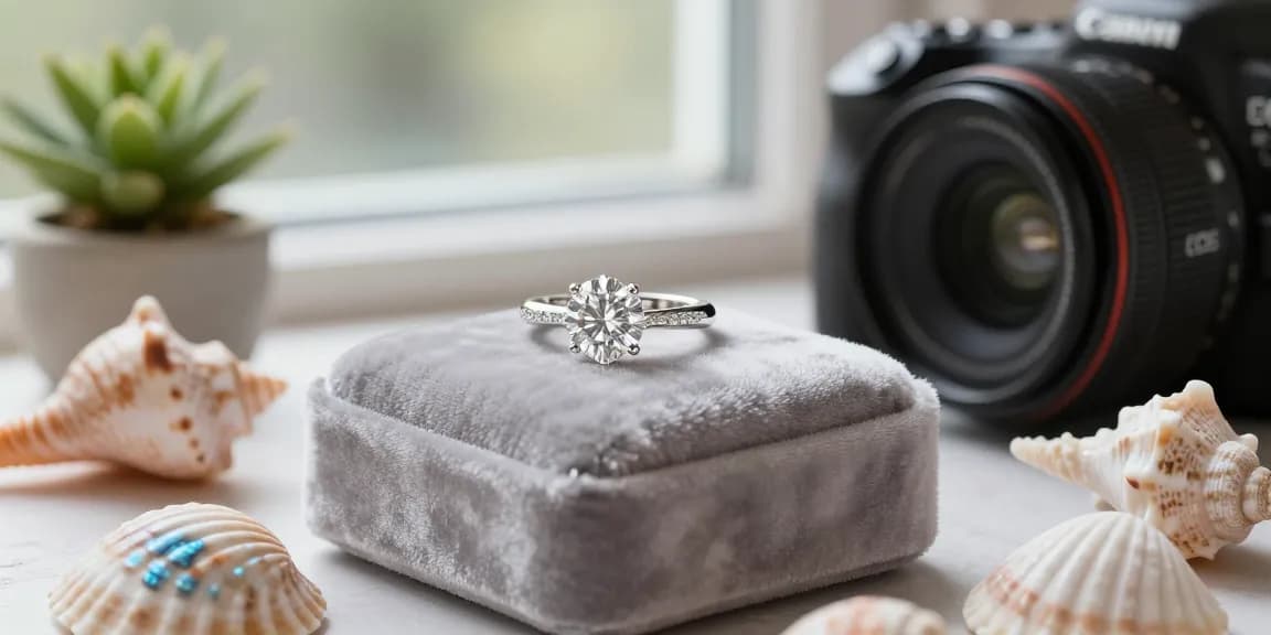Lab grown diamond engagement ring UK displayed elegantly with marine-inspired decor in serene coastal light.