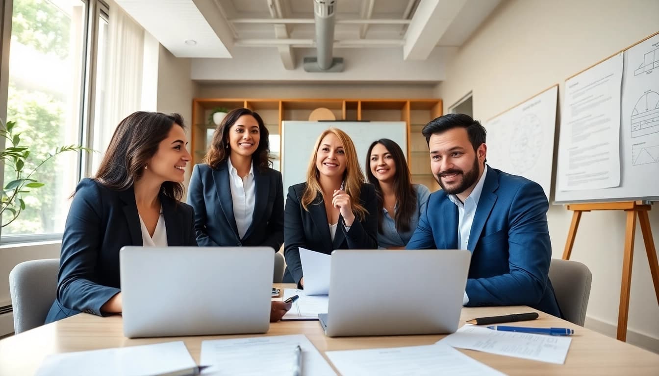 Lawyers for business setup in the US consulting with clients in a professional office.