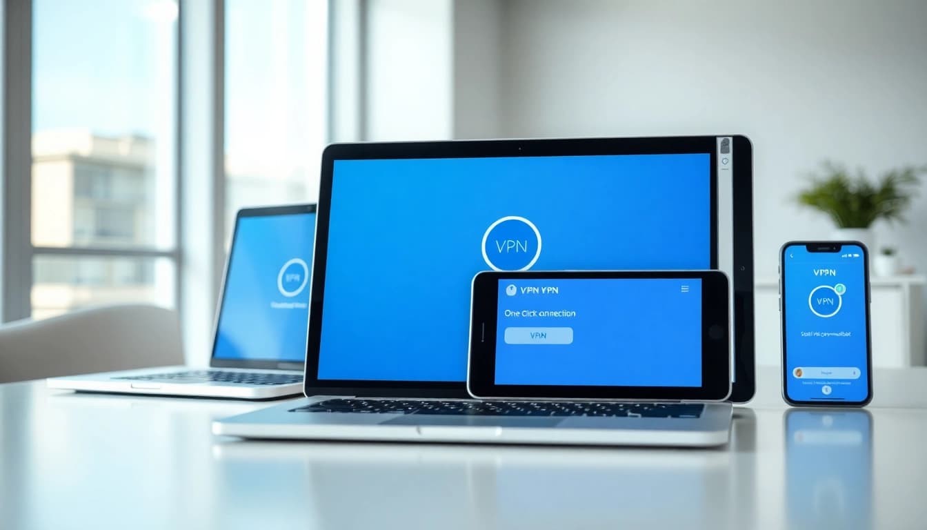 快连官网 VPN 应用程序在现代工作区的多设备上展示。