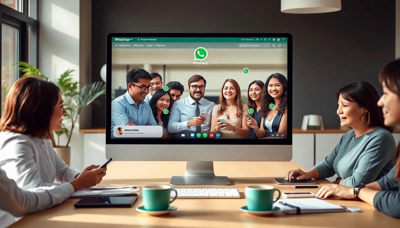Engaging professionals using WhatsApp网页版 for seamless communication in a modern workspace.