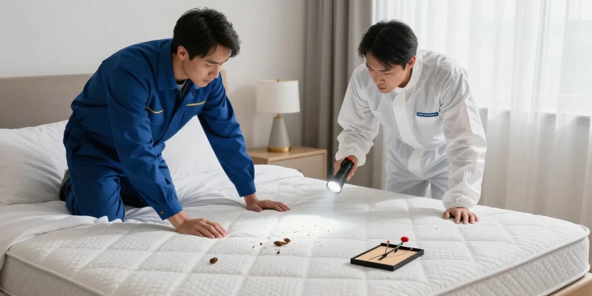 Effective bed bug removal process with a professional inspecting signs of infestation in a clean, well-lit bedroom.