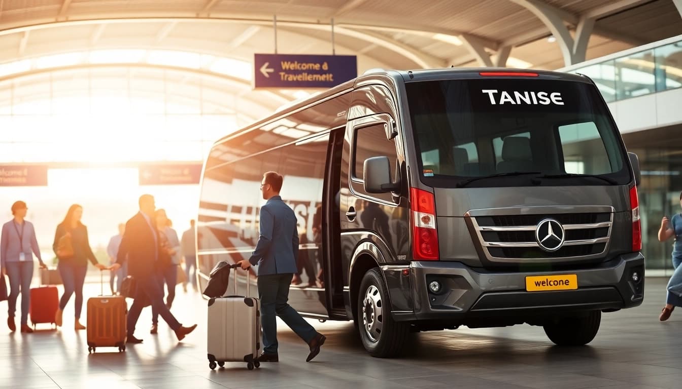 Efficient Airport Transfers with a professional vehicle and passengers at a busy terminal.