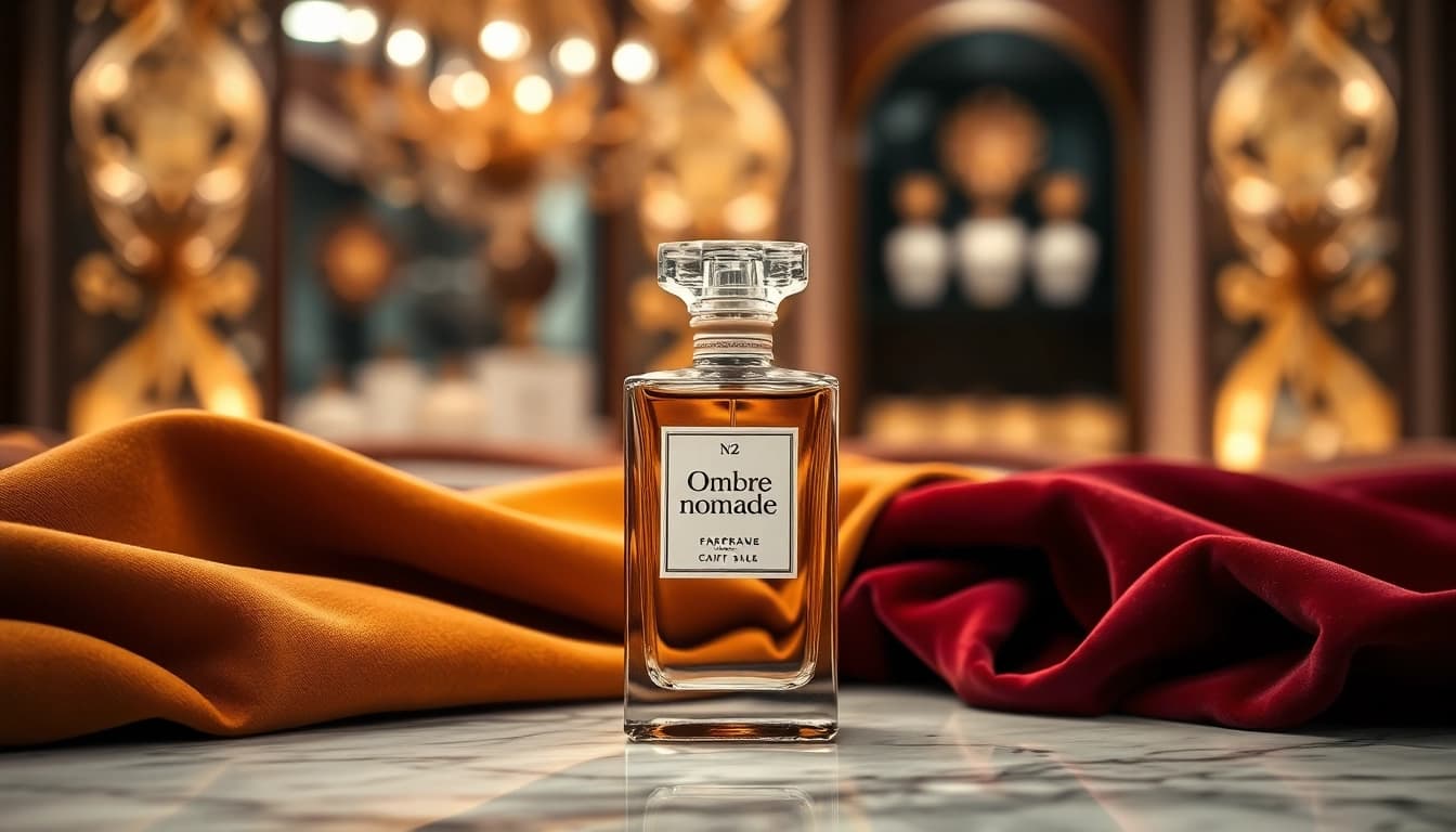 Admire the elegant Ombre nomade perfume bottle showcased on a plush velvet setting.