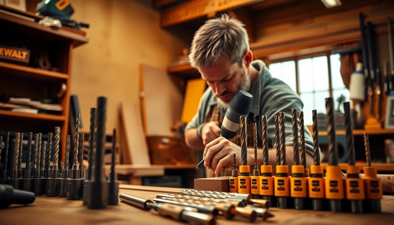 DeWalt drill bits effortlessly penetrate wood, showcasing precision craftsmanship in a workshop setup.