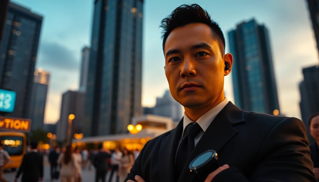 Close protection Hong Kong officer monitoring urban surroundings for potential threats.