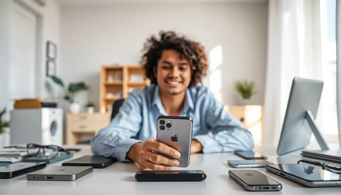 Sell iPhone For Cash transaction at a professional desk with modern devices.
