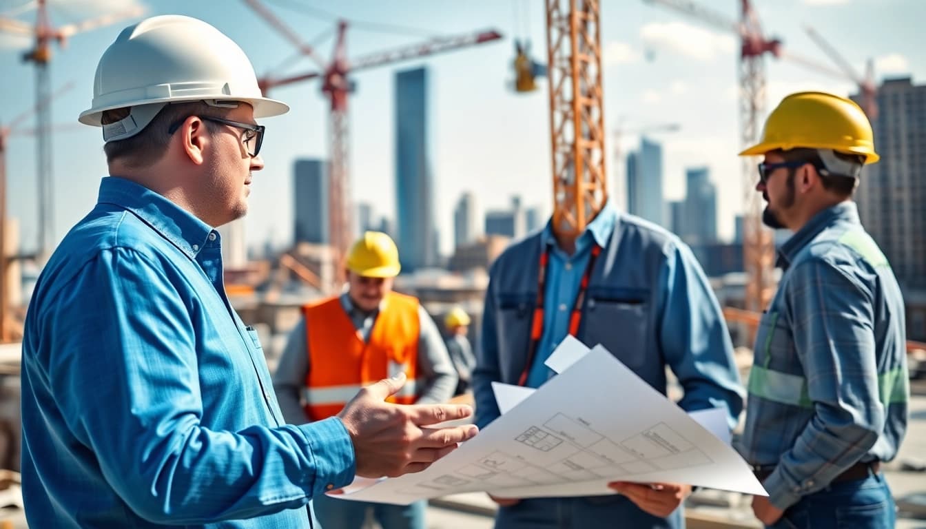 New Jersey Construction Manager supervising a bustling construction site with team collaboration.