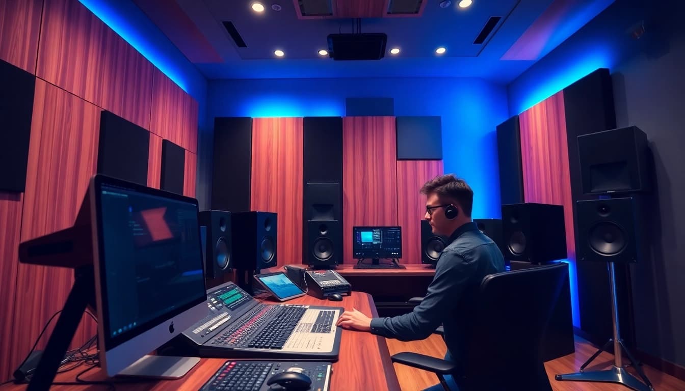 Providing online mastering services in a professional audio studio with acoustic panels and monitors.