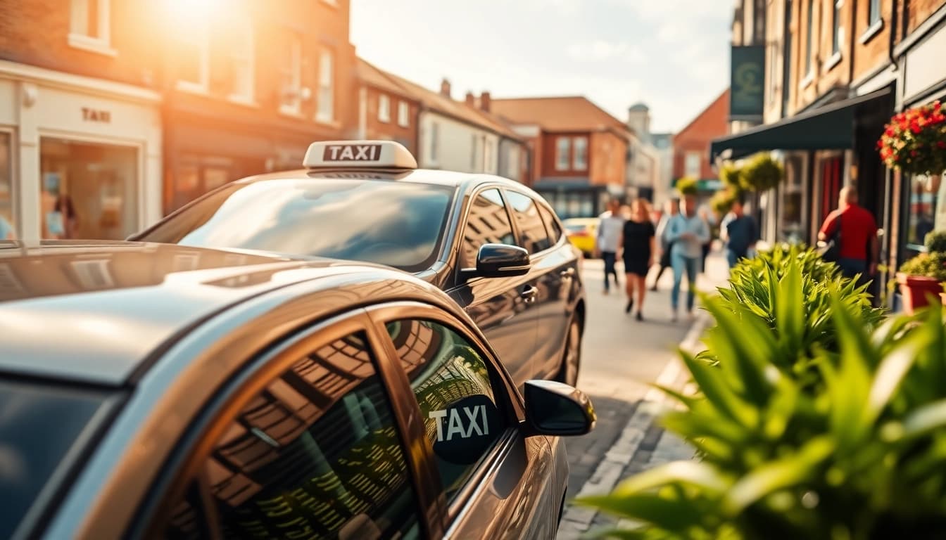Experience reliable taxi service in West Byfleet with a professional vehicle amidst a lively urban setting.