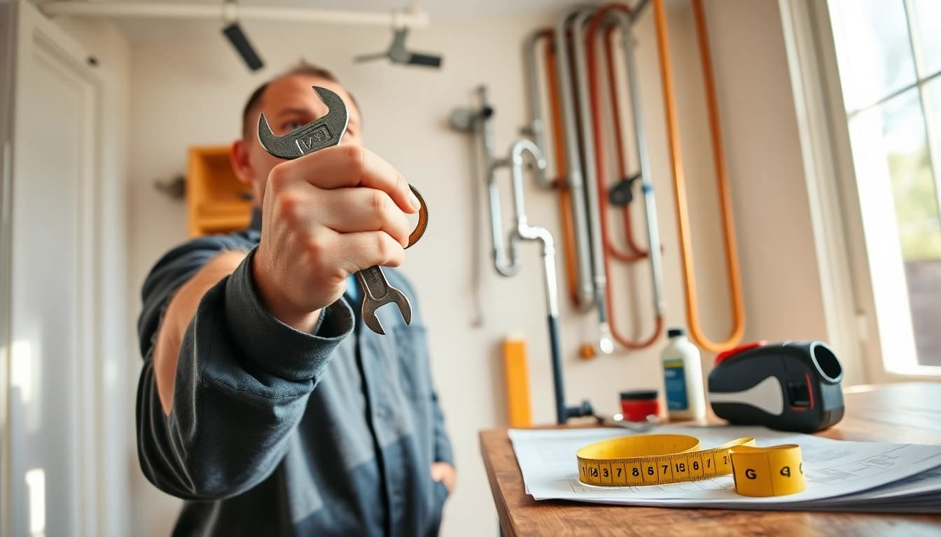 Plumber providing whole house repiping services Tampa, showcasing tools and plumbing fixtures.