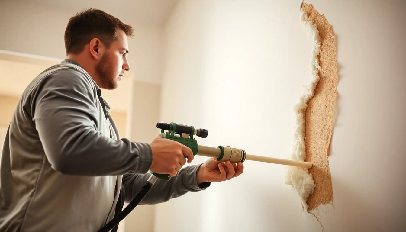 Experienced spray foam removal specialists expertly removing insulation from a wall in a home setting.