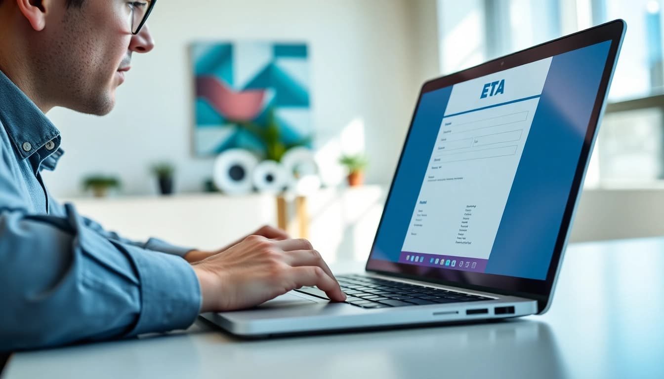 Filling out an eta uk application form on a laptop in a modern office.