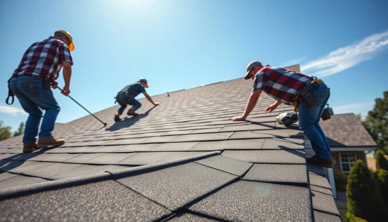 Professional workers from a roofing company installing shingles on a sunny residential home.