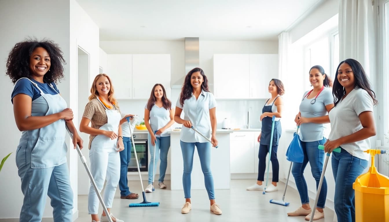 Cleaning services near me depicted by a professional team in a spotless kitchen, showcasing teamwork and excellence.