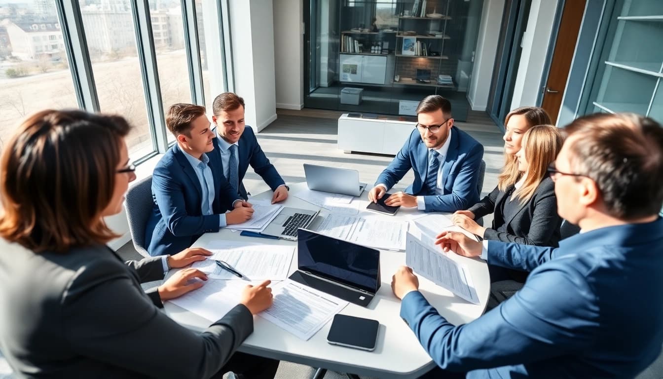 Consultants discussing Federal and State contracts and grants in an energetic office environment.