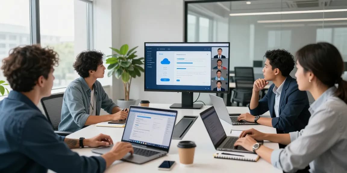 Team collaborating on a cloud based phone system project in a modern office setting.