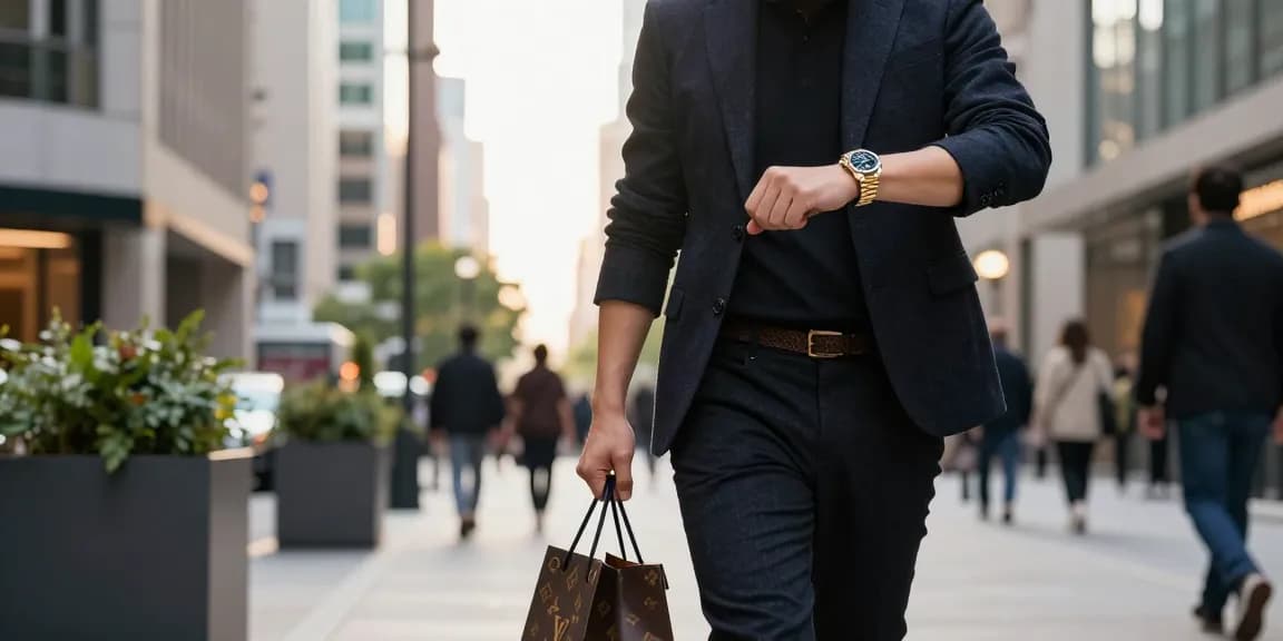 A fashionable individual checks their rolex replica watch while strolling through a vibrant city street.