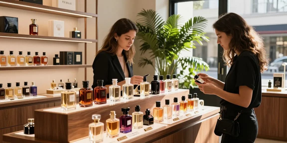 Experience exclusive Perfume Deals and Discounts while browsing premium fragrance samples in a stylish retail setting.
