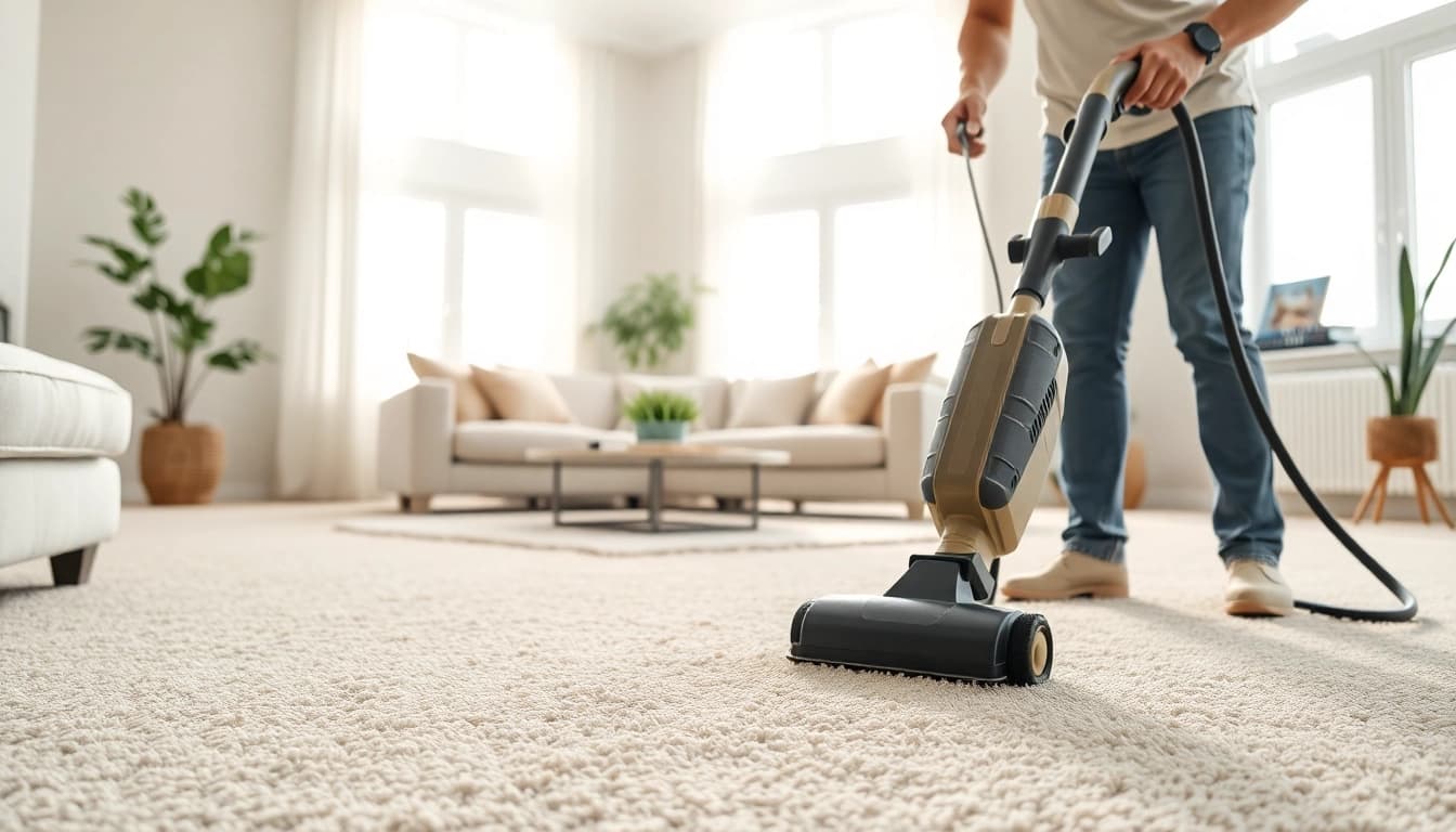 Professional carpet cleaning in action, showcasing a cleaner using a steam cleaner in a bright living room.