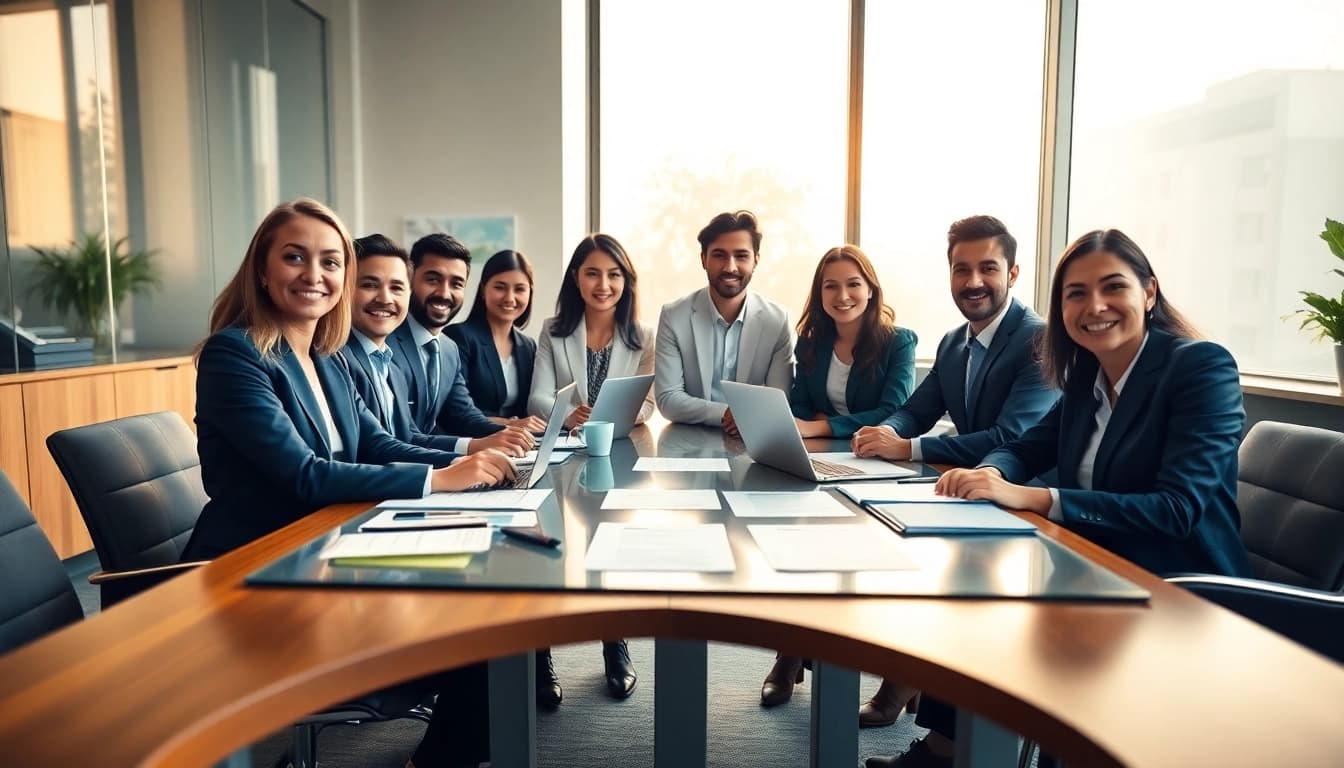 Lawyers for business setup in the US consulting entrepreneurs in a modern office.