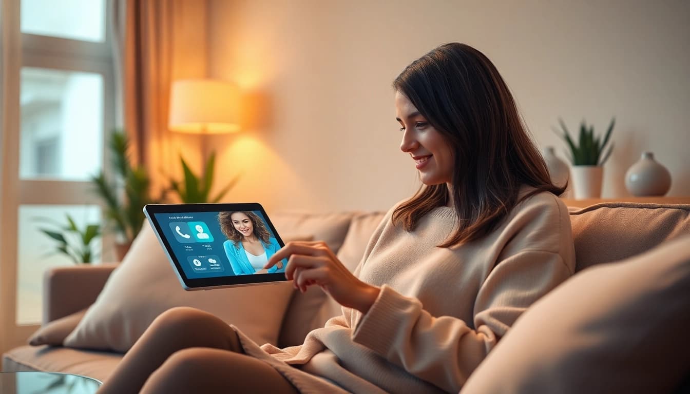 Engaging with ai girlfriend in a modern living room setting.