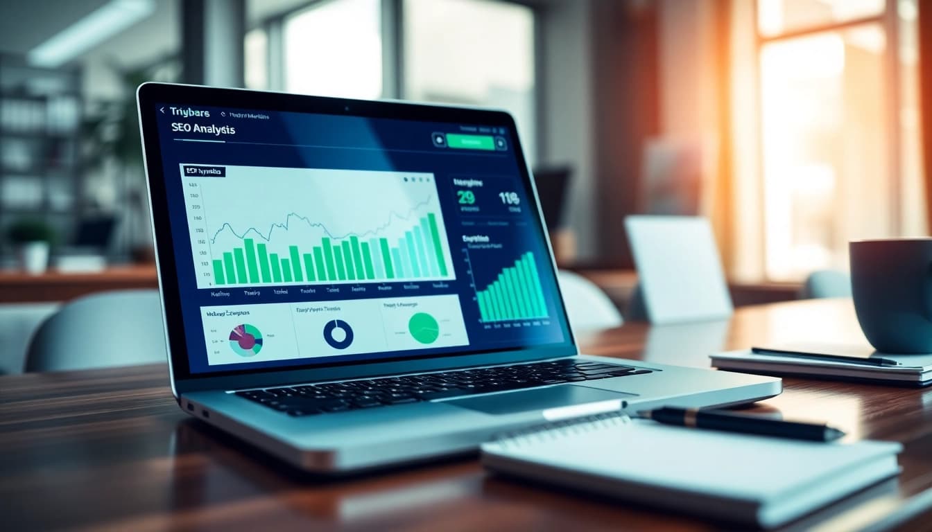Analyzing SEO Rank with a modern digital marketing dashboard and key metrics.