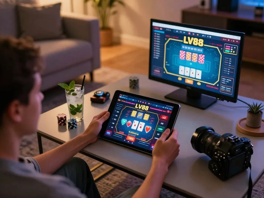 Player enjoying online poker with LV88 app on tablet at home, surrounded by gaming accessories