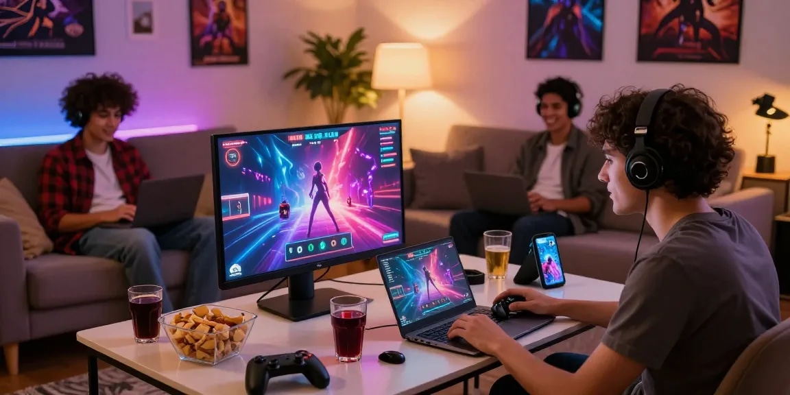 Group of friends enjoying exciting porn games HTML online in a cozy gaming space