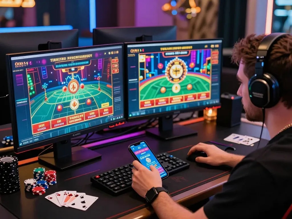 Player engaging with 8KBET online gambling platform, showcasing vibrant casino games and modern gaming setup.