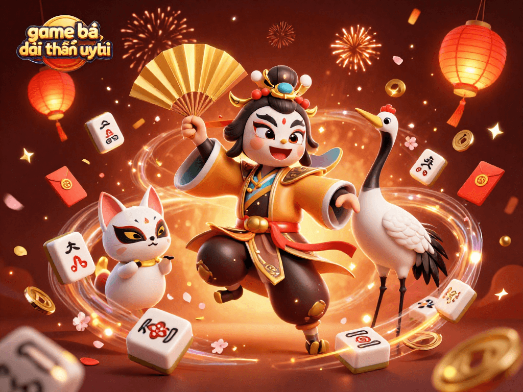 Experience the excitement of game bài đổi thưởng uy tín with vibrant characters and festive symbols in a dynamic illustration.