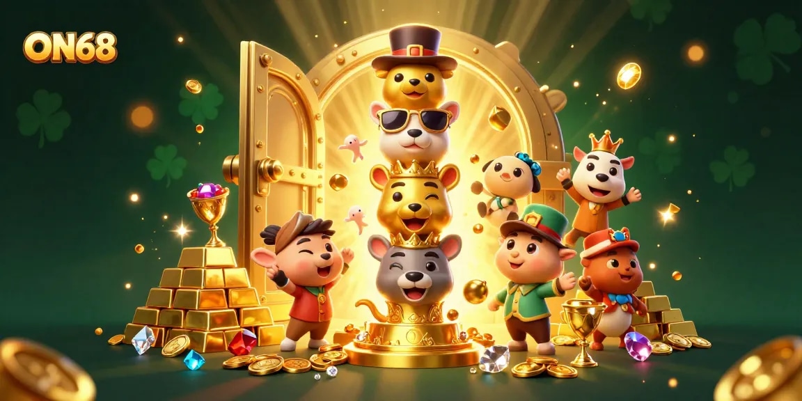 Experience thrilling gameplay at ON68 Casino with rich 3D illustrations of vibrant totem characters and treasure.
