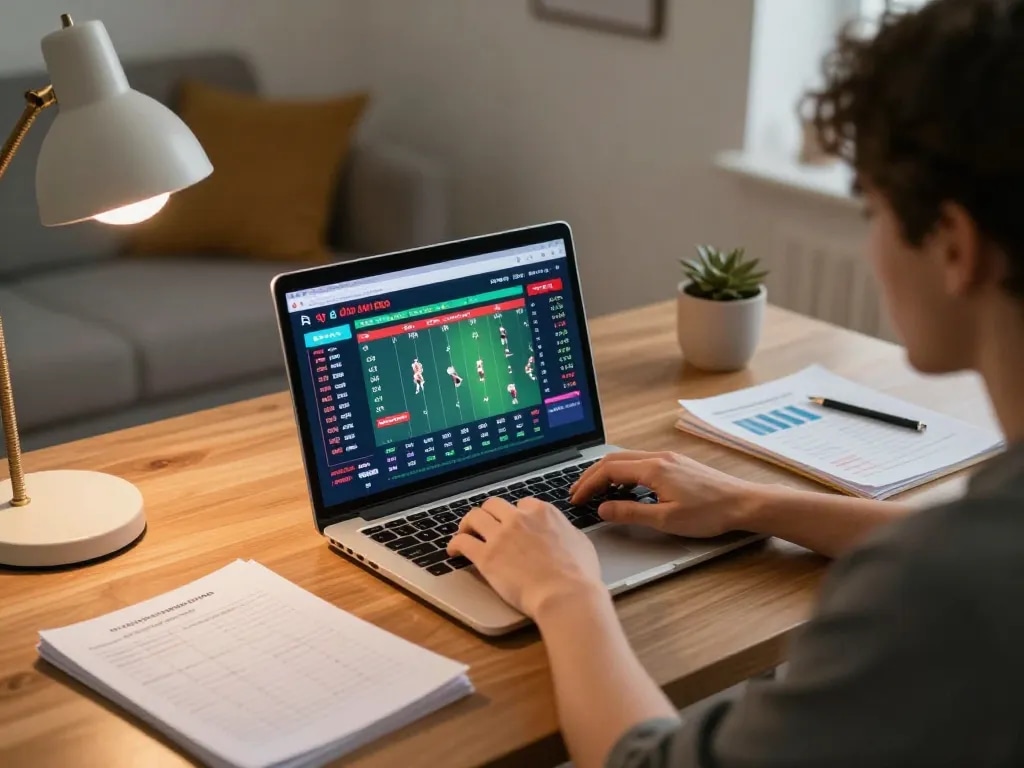 Person analyzing tỷ lệ kèo nhà cái on laptop in a cozy home office