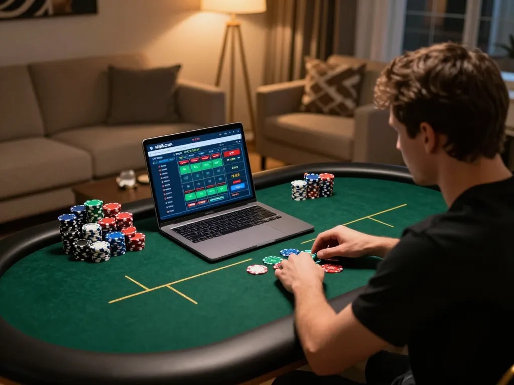 Player strategizing in a luxurious home poker setup on vt88 com, gaming laptop and chips visible.