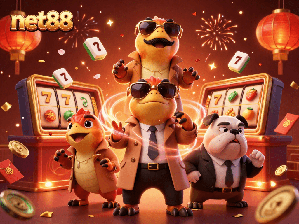 Witness the raptors at net88 attempting a VIP entrance amid colorful slot games and festive symbols.