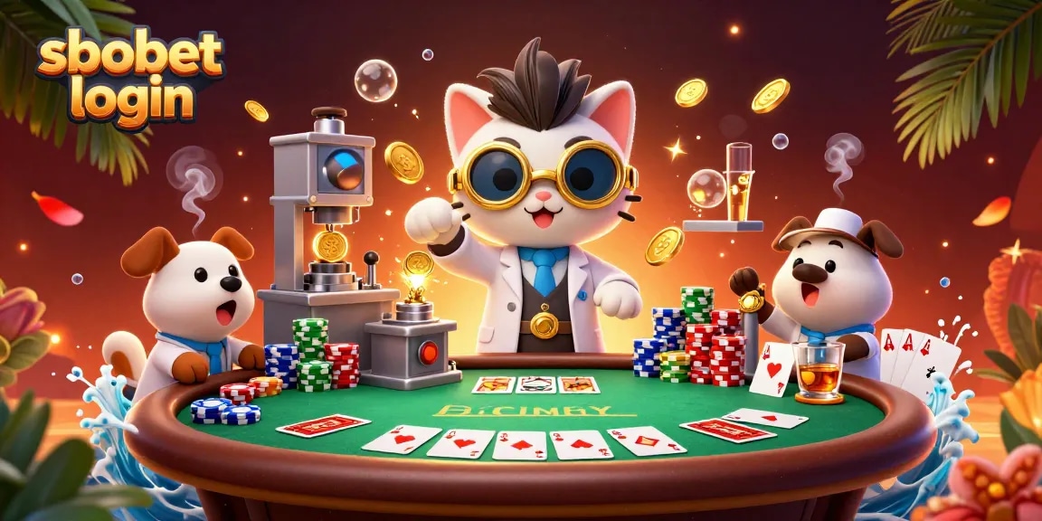 Engage with sbobet login at an exclusive poker table with vibrant chips and a mad scientist theme.