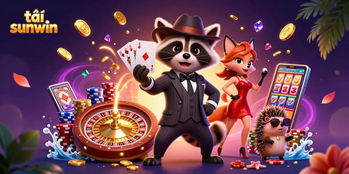 Spin the wheel at tải sunwin for a chance to win big, featuring animated characters in a vibrant casino scene.