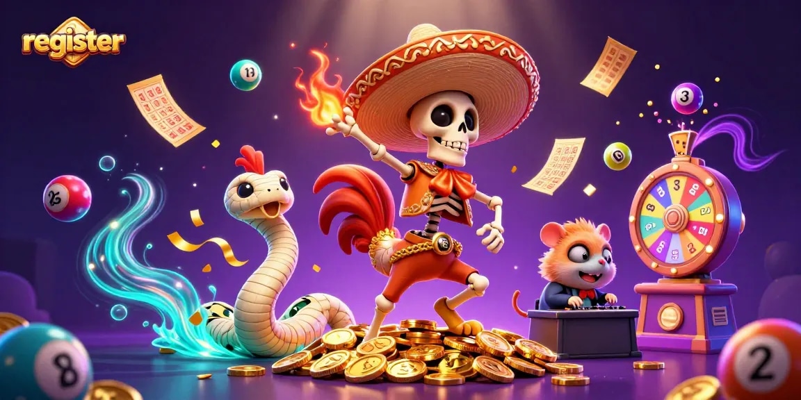 Register for exciting games, highlighted by a vibrant 3D illustration of a festive casino scene.
