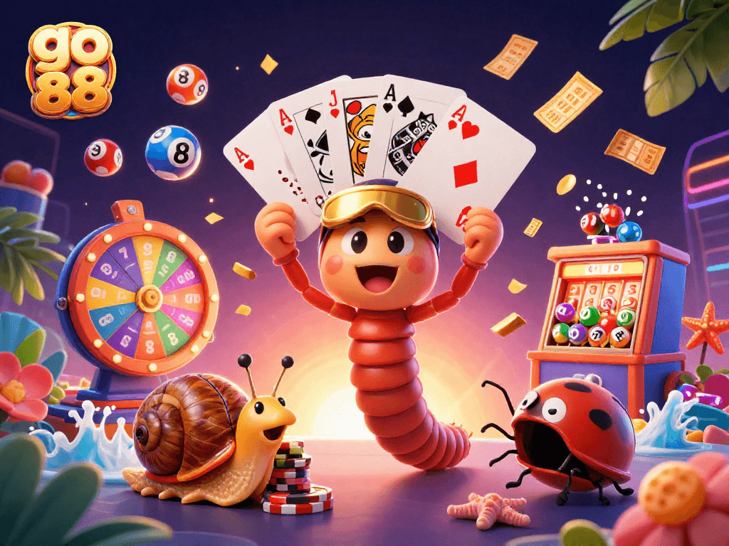 Engage with go 88 at a vibrant cartoon casino scene with colorful lottery elements and lively characters.