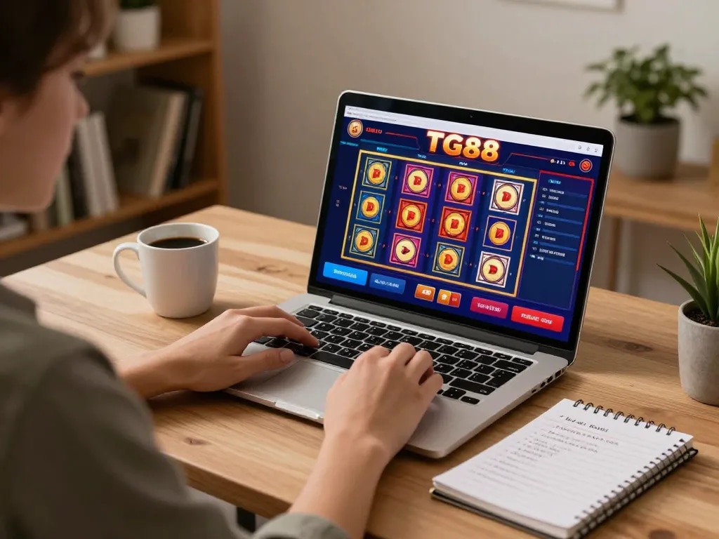 Player engaging with TG88 casino app on laptop, showcasing strategic gameplay in a cozy home setting.