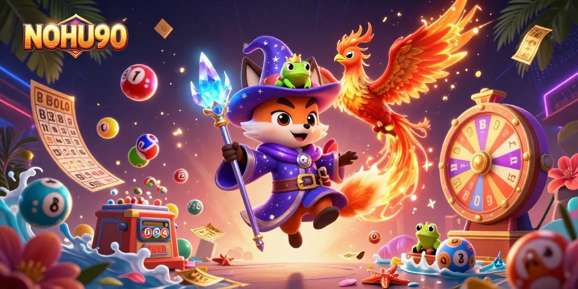 Engage in thrilling gameplay at NOHU90 with a mystical wizard, phoenix, and vibrant lottery elements.