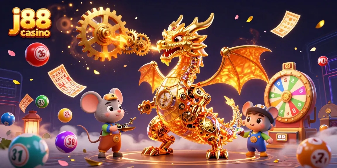 Experience excitement at j88 casino with a dynamic scene of a golden dragon and loterry elements.