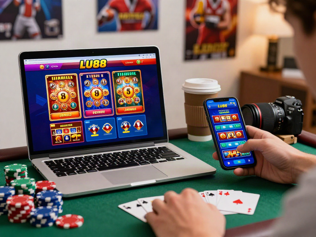 LU88 online gambling platform in an engaging gaming scene with devices and poker chips.