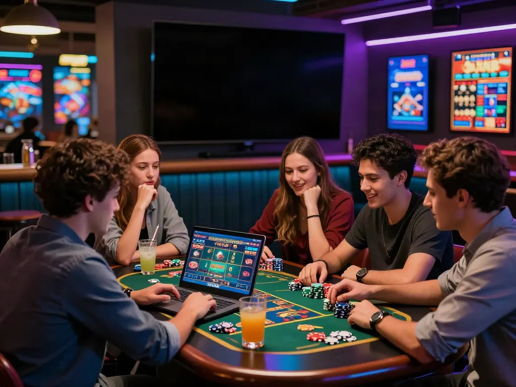 Friends enjoying gameplay at a non UK casino with colorful chips and drinks.