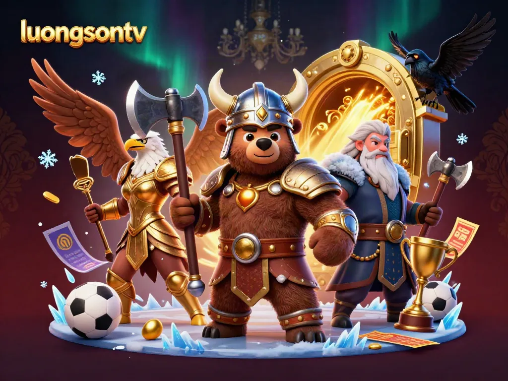 Bet on sports with luongsontv in this vibrant illustration featuring a Viking bear and Valkyrie eagle amidst gold and sports elements.